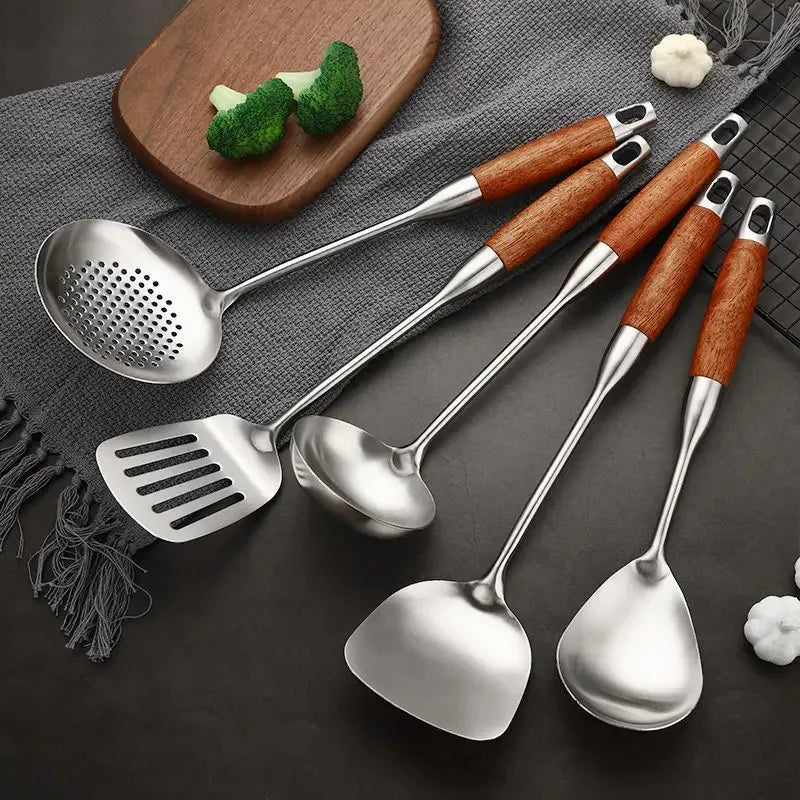 Rosewood Handle Stainless Steel Cookware Set Kitchen Durable Wok Spatula Colander Shovel Cooking Utensil Kitchenware Accessories