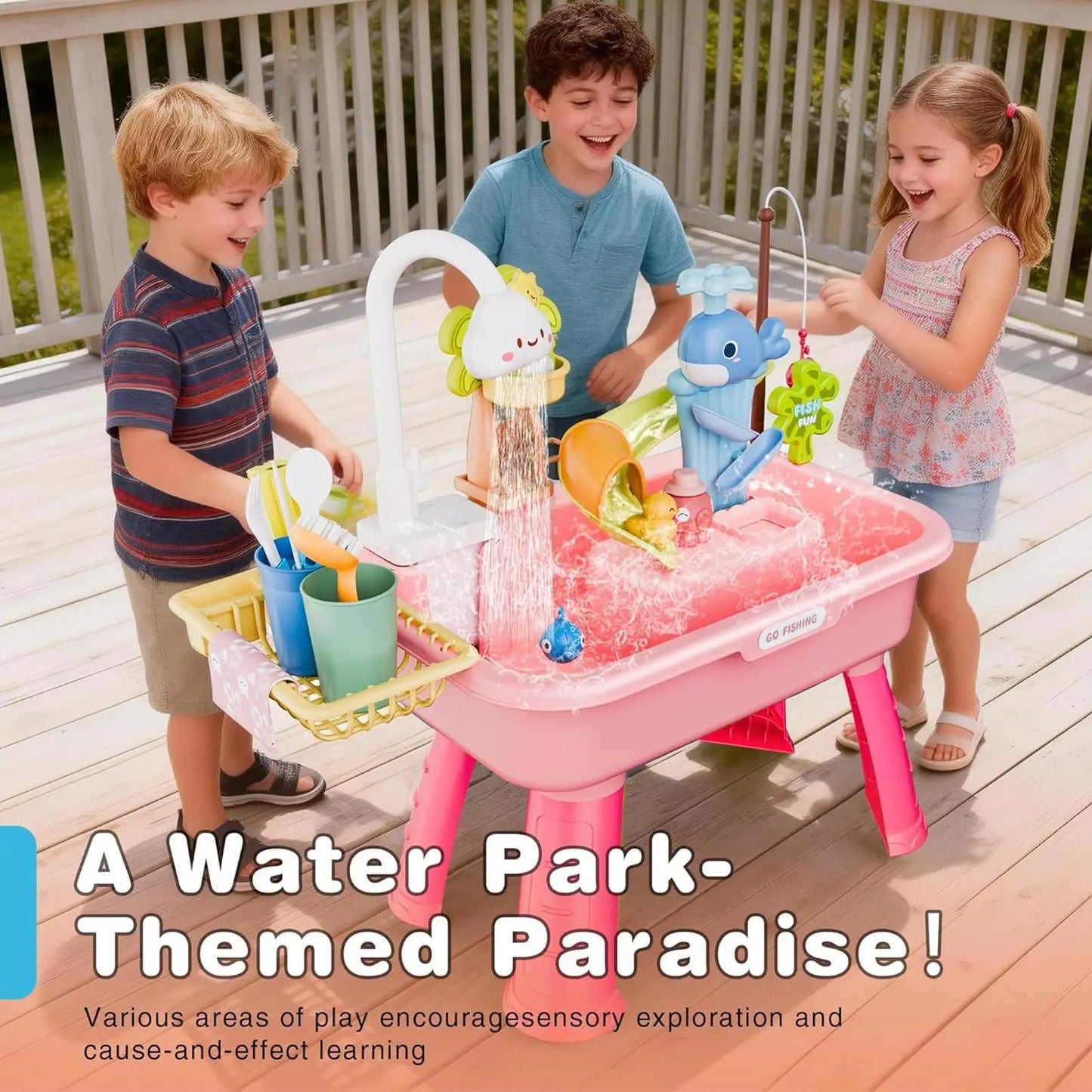 Kids Water Play Table with Fishing Game & Kitchen Set