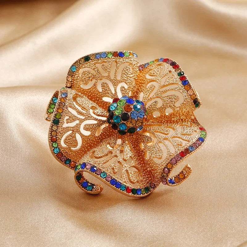 Luxury Flower Crystal Ring Women Gold Adjustable Statement Elegant