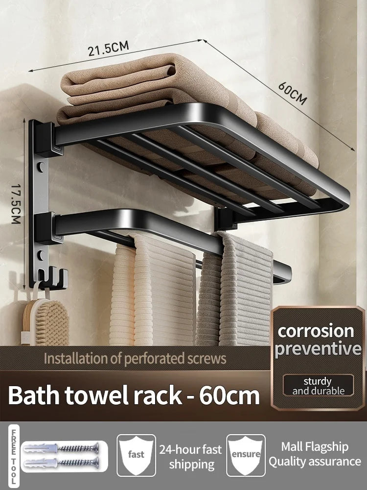 Folding Aluminum Towel Rack with Hook | 50CM & 60CM Grey/Black
