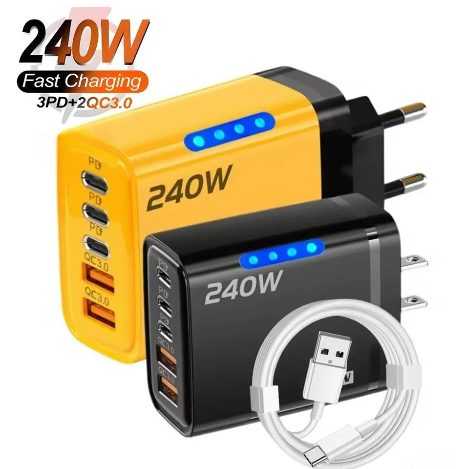240W GaN 5-in-1 Fast Charger Multi Port USB C Wall Charger LED light Fireproof PC Adapter For iPhone Samsung Xiaomi EU/US Plug Peaceful Pleasures Health and Wellness