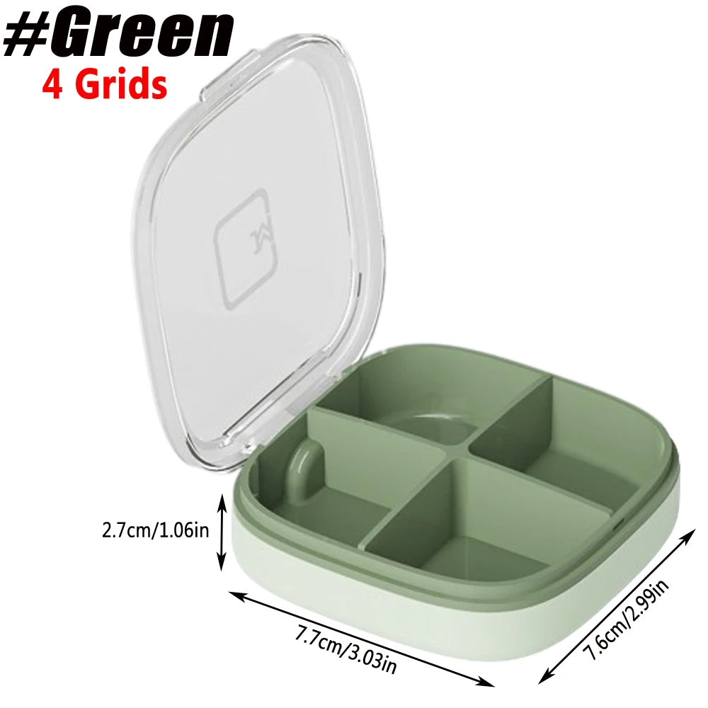 1Pcs Pill Case Portable Small Weekly Travel Pill Organizer Portable Pocket Pill Box Dispenser for Purse Vitamin Fish Oil Pillbox Peaceful Pleasures Health and Wellness 4 Grids-Green