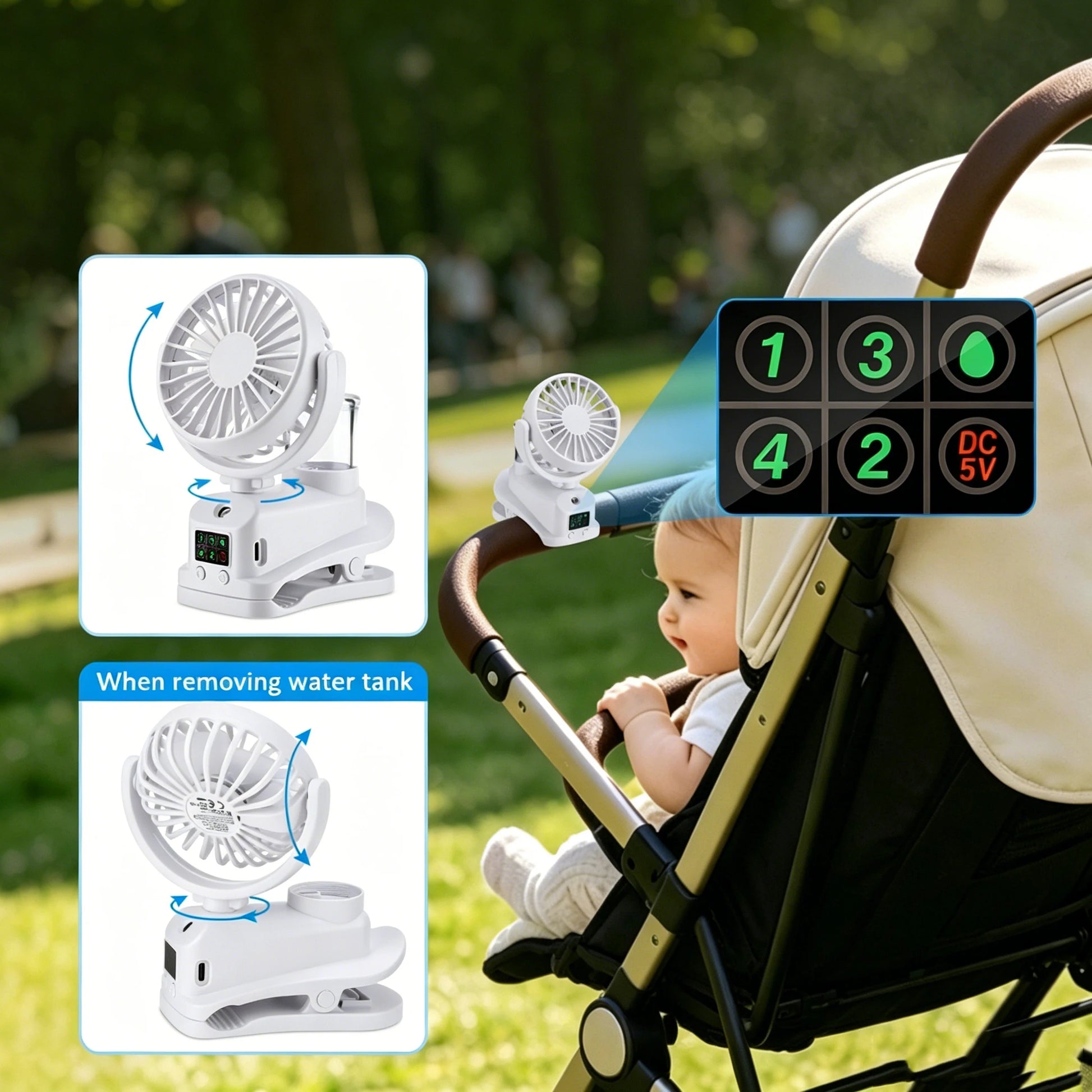 Misting Clip Fan for Baby Stroller, Portable Rechargeable USB Desk Spray Fan, Quiet 1200mAh Mini Air Cooler with LED Display Peaceful Pleasures Health and Wellness