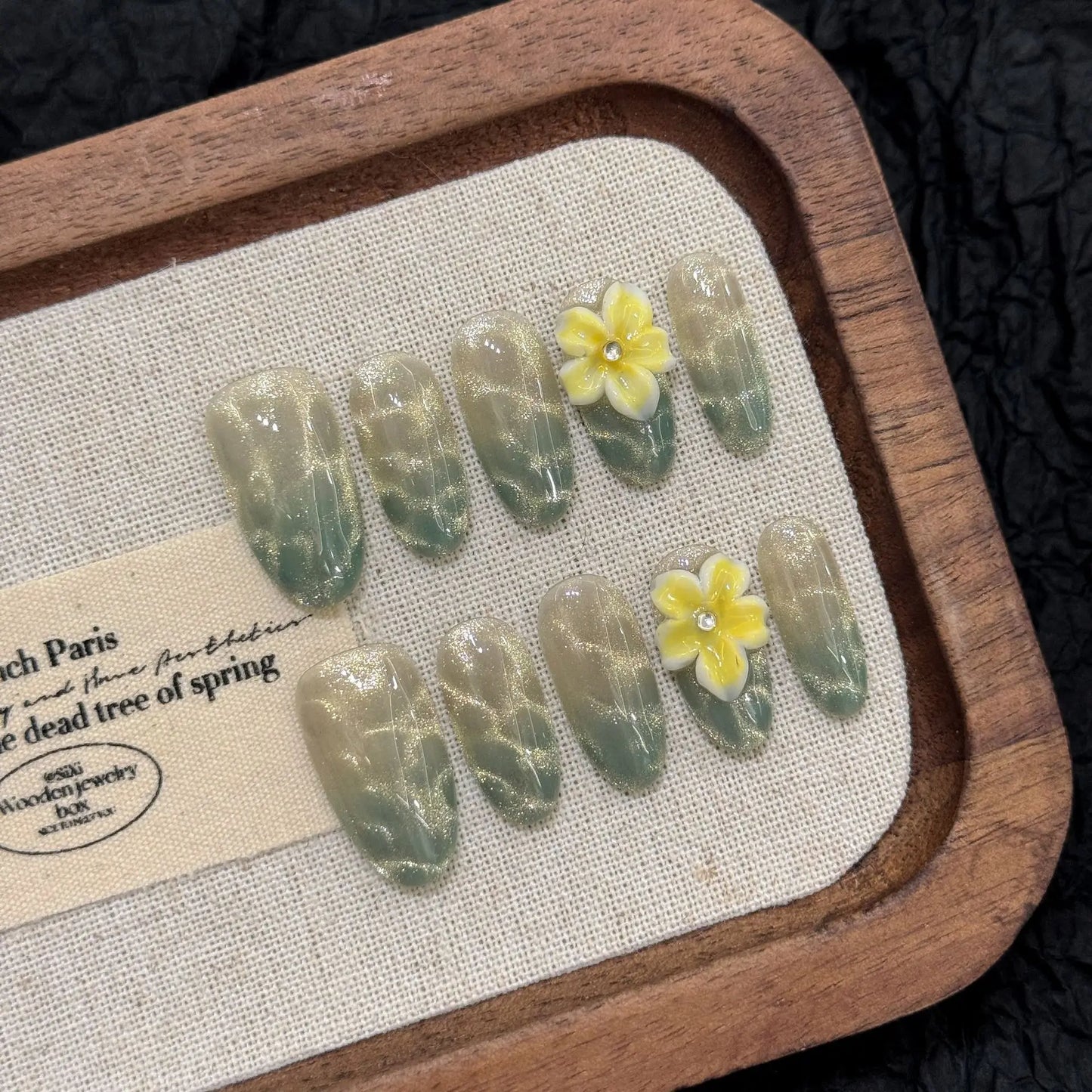10pcs Handmade Mint Green Press on Nails 3D Yellow Flower Decor Fake Nails Wearable Glitter Gradient Cat Eye False Nail Tips Peaceful Pleasures Health and Wellness S