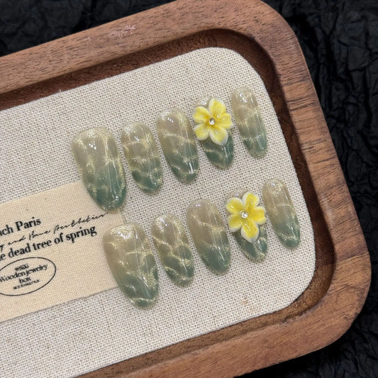 10pcs Handmade Mint Green Press on Nails 3D Yellow Flower Decor Fake Nails Wearable Glitter Gradient Cat Eye False Nail Tips Peaceful Pleasures Health and Wellness S