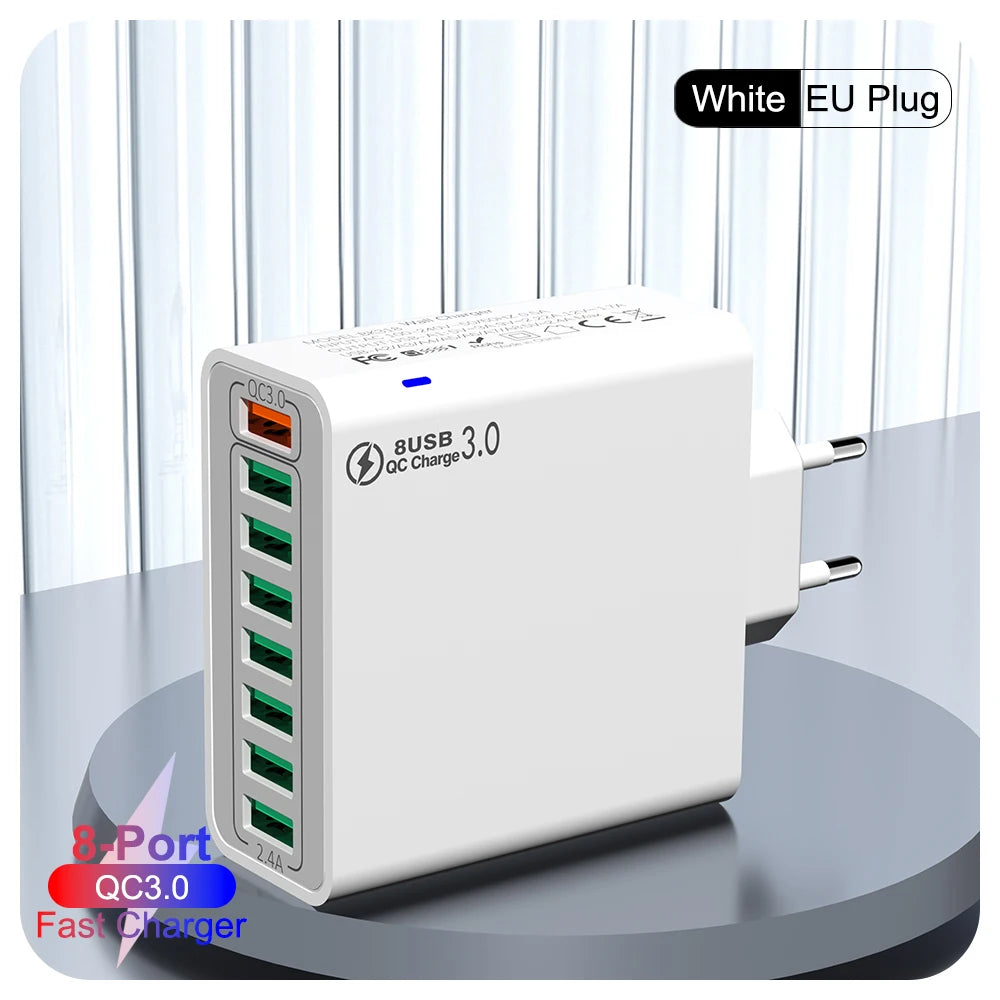 8-Port 65W USB Fast Charger | Quick Charge 3.0 Travel Adapter