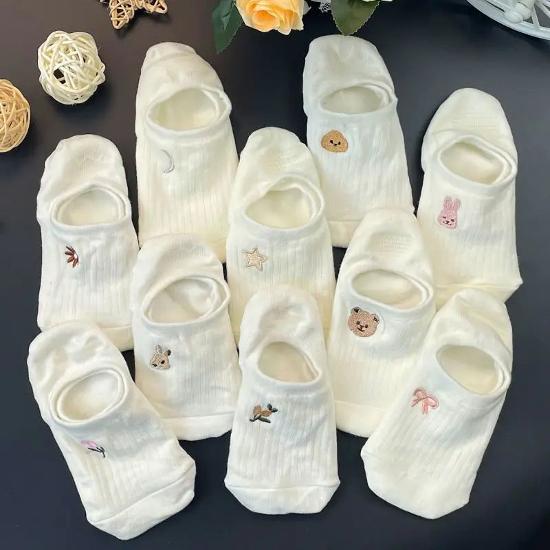 Socks Set 10 Pairs Toe Socks Women's Cotton Ankle Stockings Summer Breathable Versatile White Socks Cute Cartoon Pattern Peaceful Pleasures Health and Wellness A One Size