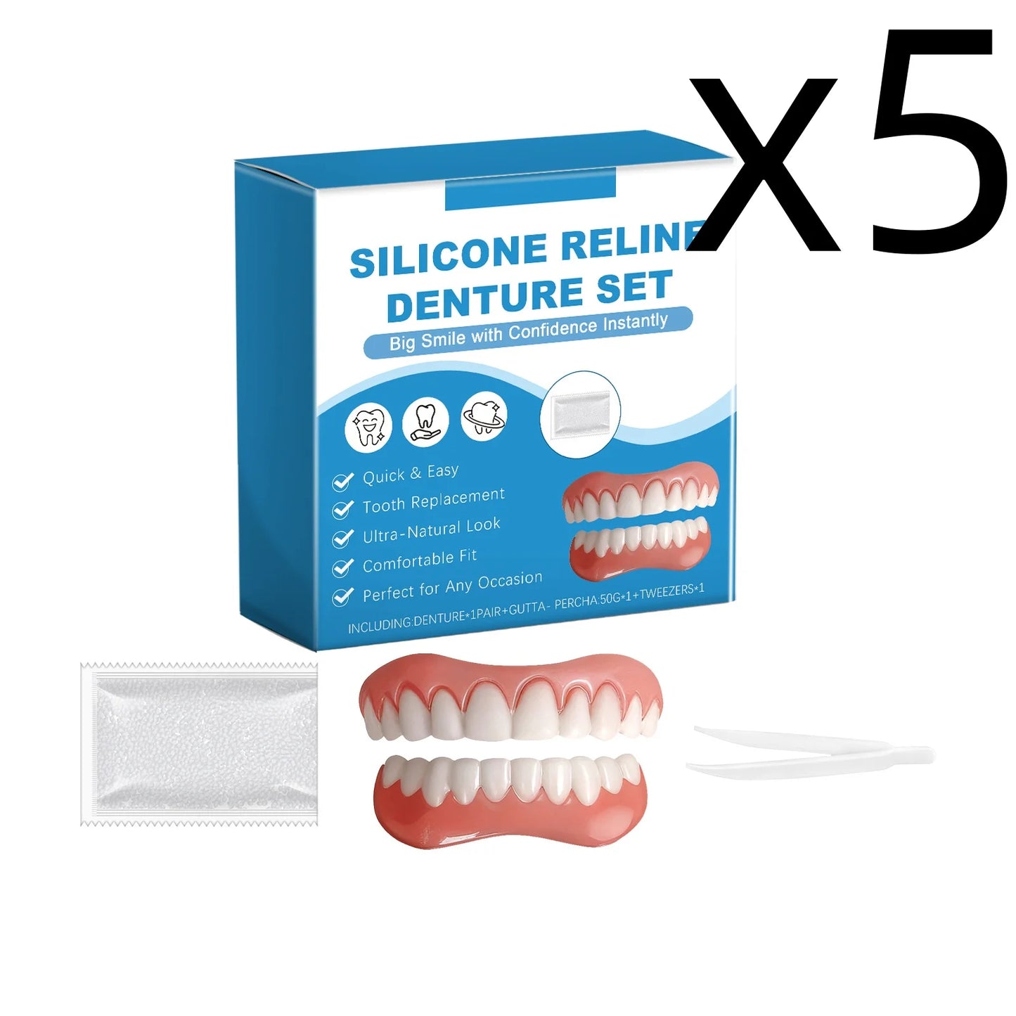 Silicone Reline Denture Set Perfect Fit Oral Repair Missing Broken Tooth High Durable Natural Appearance Portable Fake Teeth Kit Peaceful Pleasures Health and Wellness 1set Boxed X 5PCS