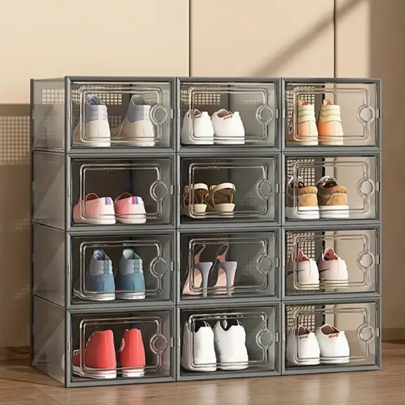 12-Pack Transparent Plastic Stackable Shoe Storage Boxes for Closet Linked Design Sports Shoe Organizers Foldable Shoe Racks Peaceful Pleasures Health and Wellness GRAY COLOR United States