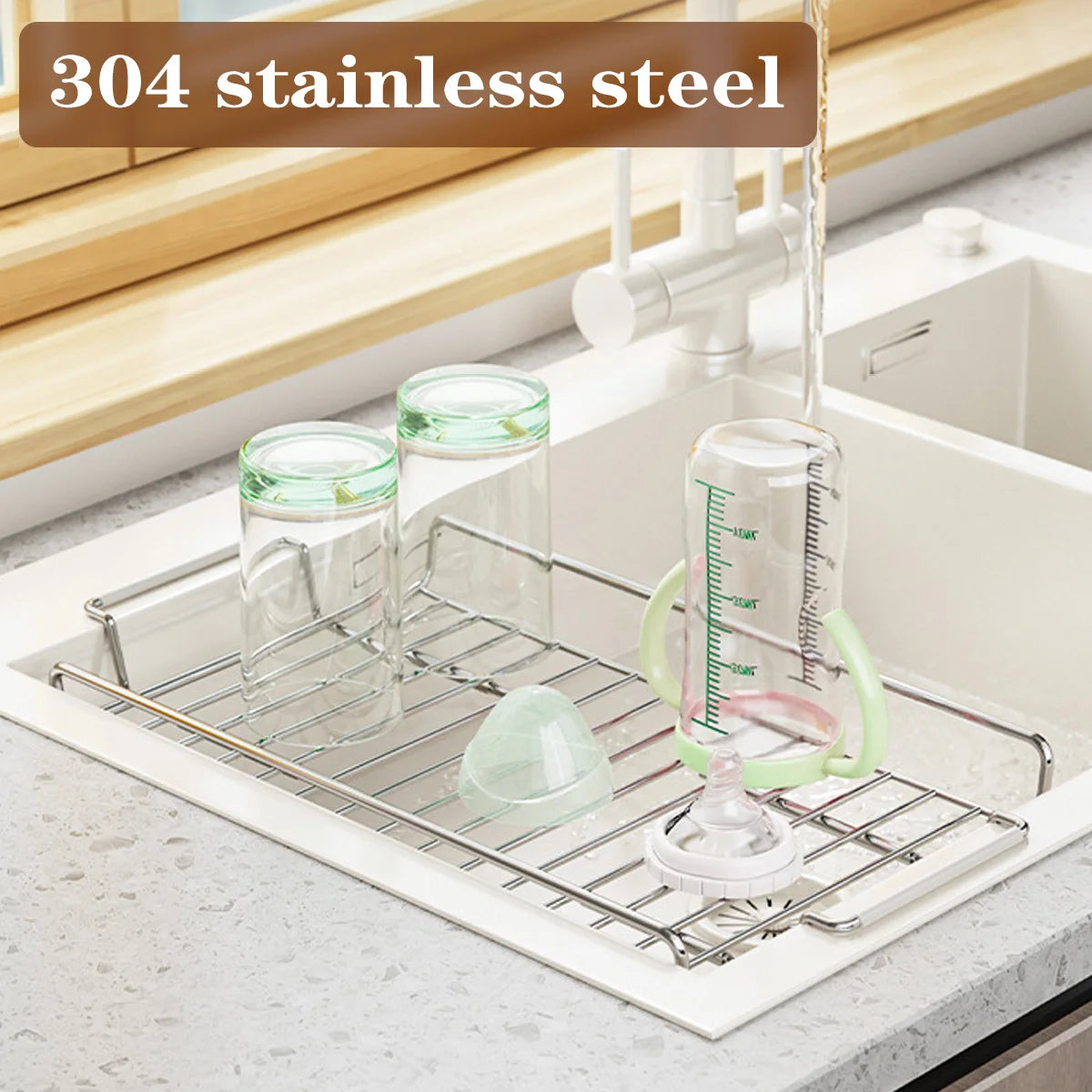 Expandable Dish Drying Rack Over The Sink, Stainless Steel Plate Holder for Kitchen, Space Saving Modern Silver Hanging Drainer Peaceful Pleasures Health and Wellness