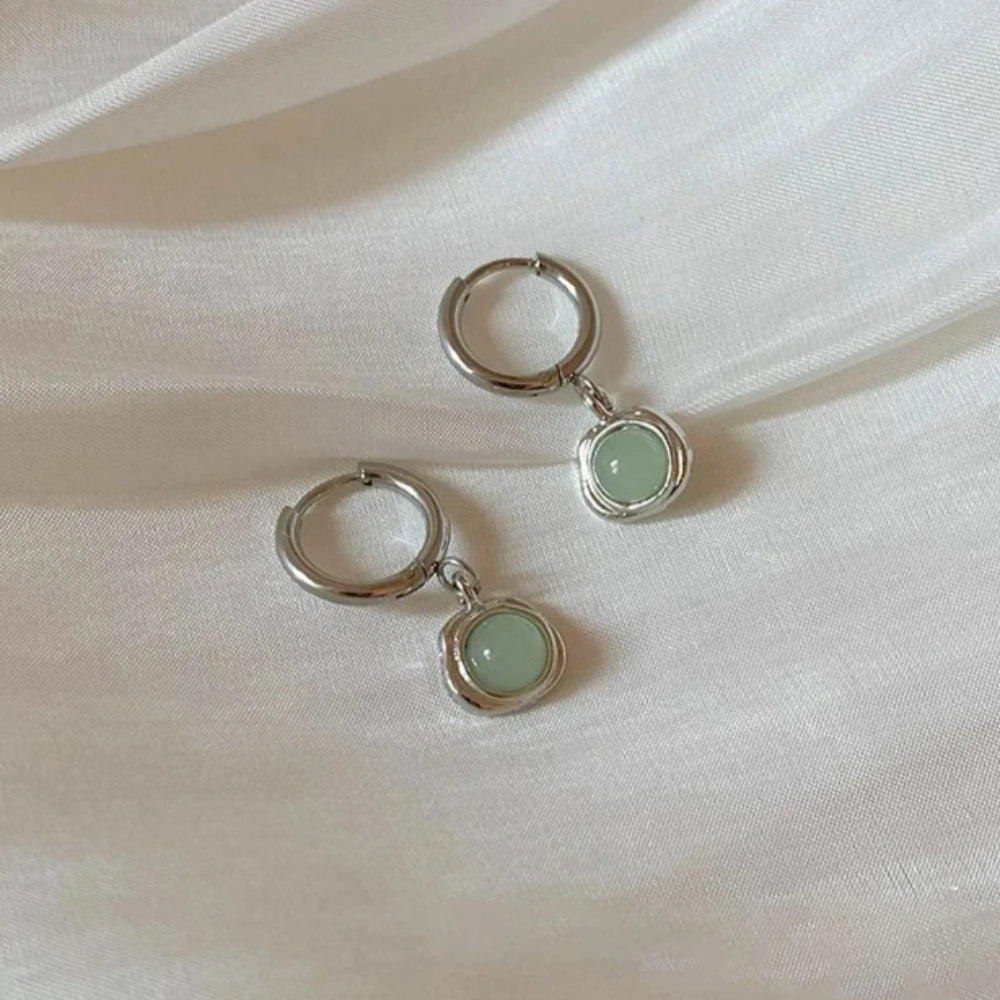 Mint Green Cat's Eye Stone Pendant Ear Buckles with Cool Light Luxury High-end Feel Earrings Retro Exquisite and Simple Earrings Peaceful Pleasures Health and Wellness