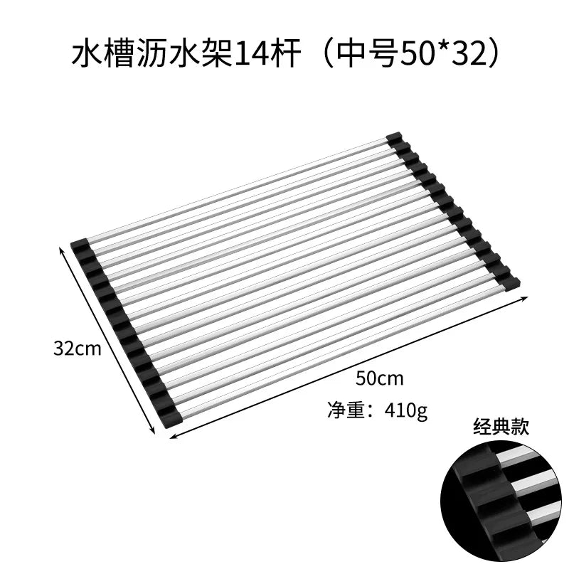 Folded Dish Drain Rack for Kitchen SUS304 Steel,Sink drying Rack,Bowl shelf Roll-up Dish Drying Rack Overthe Sink Plate Storage Peaceful Pleasures Health and Wellness 14 rods medium