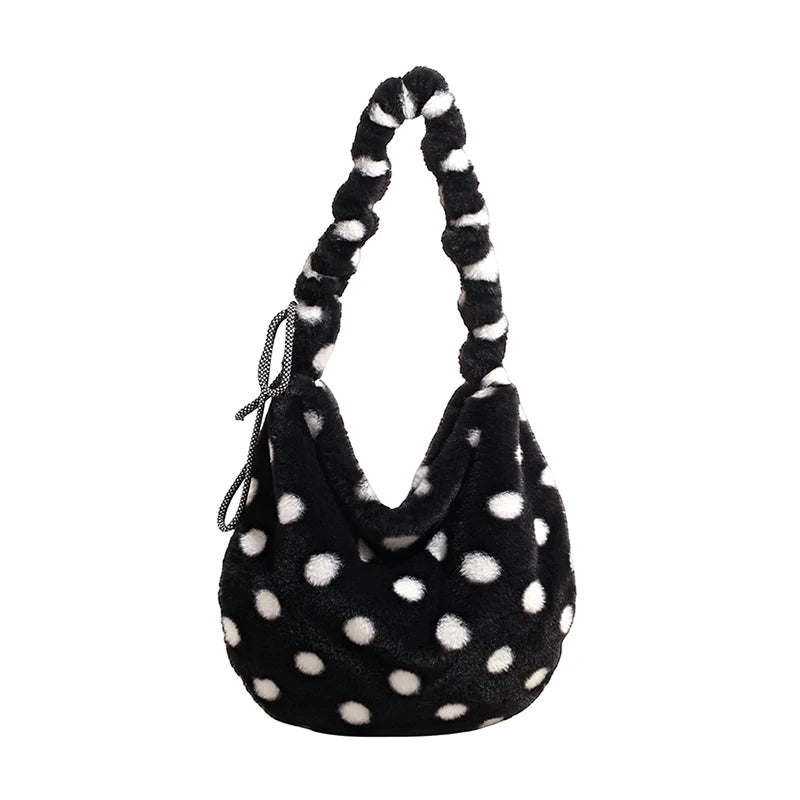 Korean Fashion Faux Fur Crossbody Bags for Women Trendy Large Capacity Sweet Polka Dot Versatile Tote Bag Fashionable Versatile Peaceful Pleasures Health and Wellness black 38x32x3