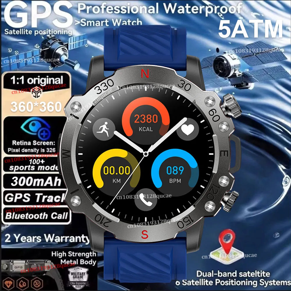 New Dual-Band GPS Military Smart Watch 5ATM Water-Resistant 300mAh Battery Compass GPS Sport SmartWatch Men For Android IOS 2025 Peaceful Pleasures Health and Wellness Blue