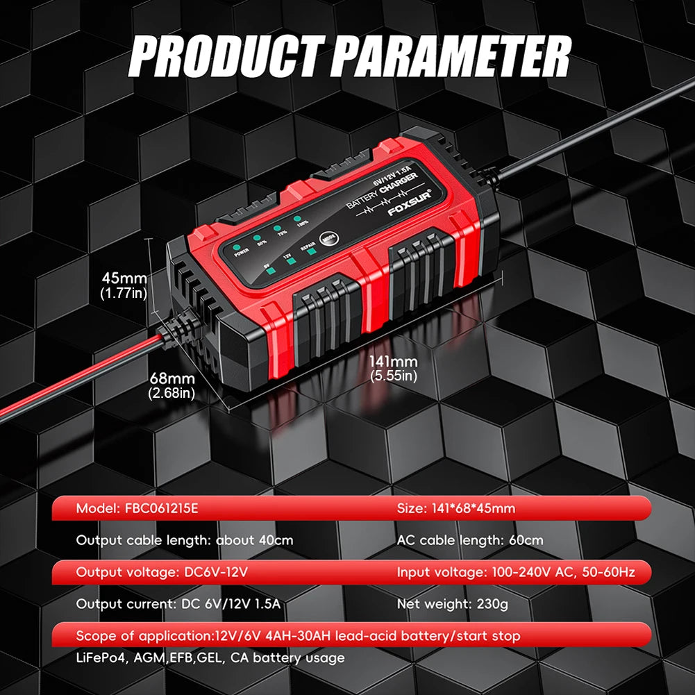 6V 12V 1.5A Smart Charger Car and Motorcycle Battery Charging Unit for Car Truck Boat SUV Lead-Acid AGM GEL Batteries Peaceful Pleasures Health and Wellness