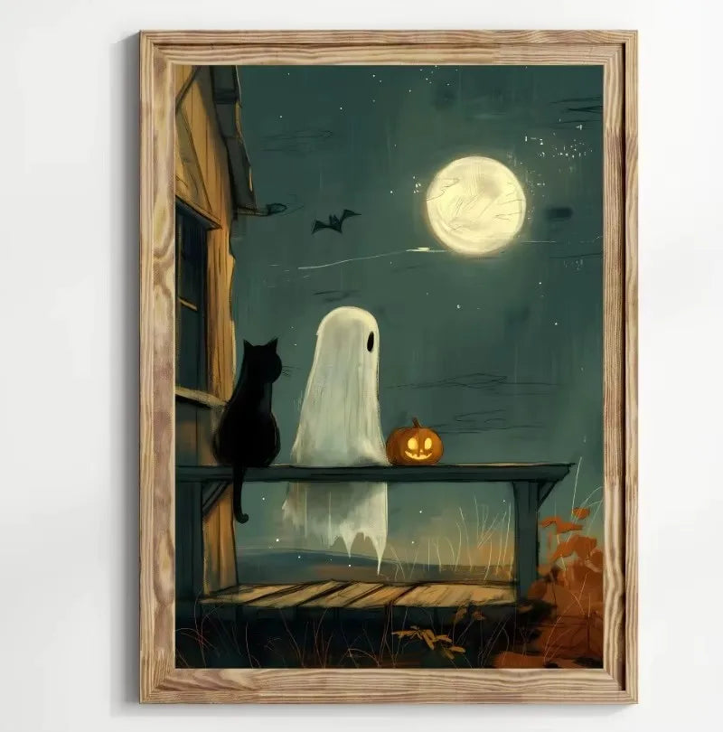 Retro Ghost & Black Cat Halloween Canvas Wall Art Poster Canvas Wall Art Print Peaceful Pleasures Health and Wellness ZLH5315 40x60cm No Frame