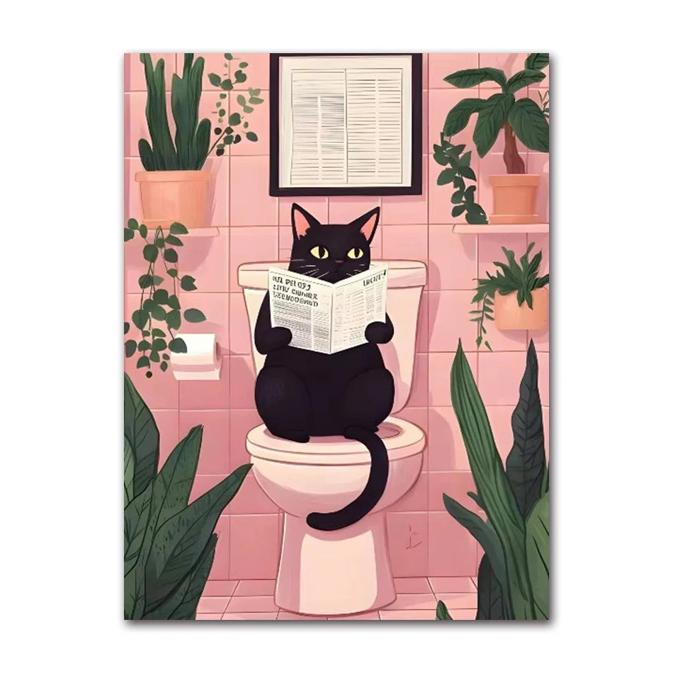 Funny Black Cat Toilet Canvas Wall Art | Bathroom Decor