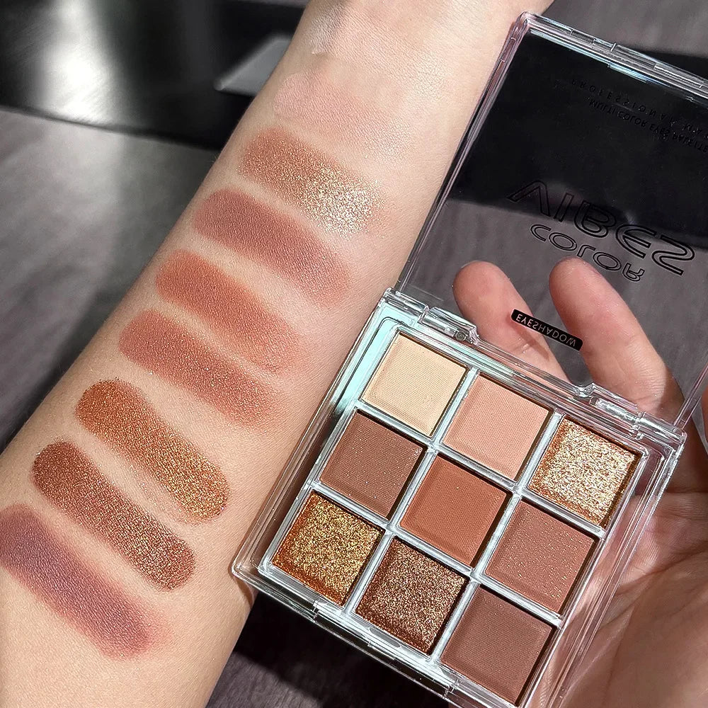 9-Color Red Brown Glitter Eye Shadow Palette | Shimmer & Matte