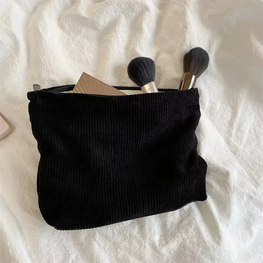 Corduroy Travel Cosmetic Bag Portable Makeup Storage Bag Purses Women Large Capacity Zipper Make Up Organizer Storage Clutch Peaceful Pleasures Health and Wellness black