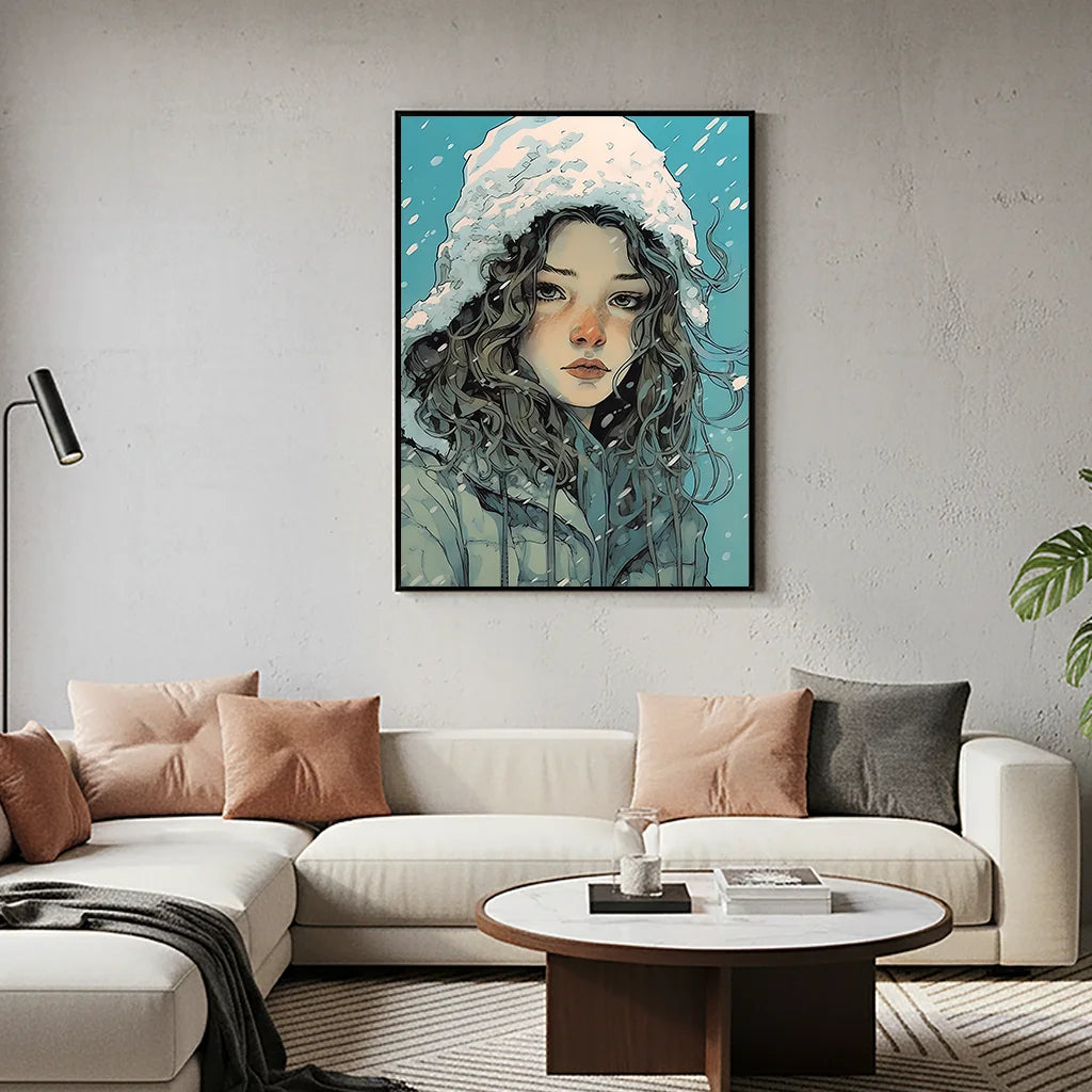 Nordic Winter Portrait Wall Art, Watercolor Girl Canvas Painting, Snowy Season Poster Print for Bedroom Living Room Décor Peaceful Pleasures Health and Wellness