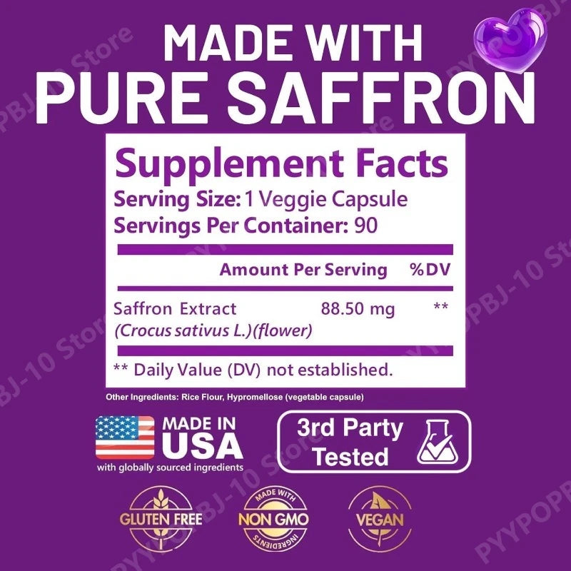 Supplements for Mood Focus 88.5mg Pure Saffron Extract 3rd Party Tested Made in USA 3 Month Supply 90 Capsules Peaceful Pleasures Health and Wellness