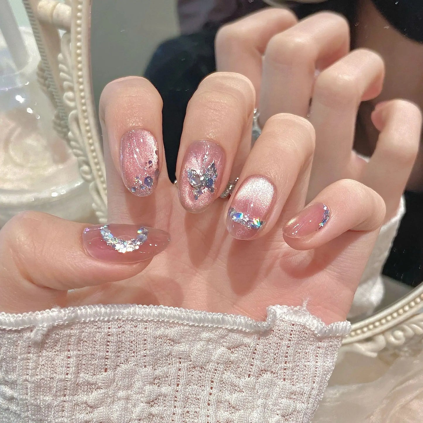Handmade Press on Nails Sweet Pink Cat Eye Fake Nails with Colorful Diamond Design Full Cover Wearable Korean Cute False Nails Peaceful Pleasures Health and Wellness L