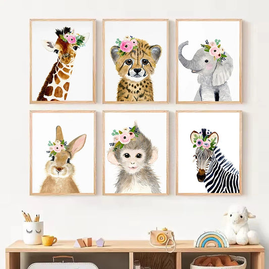 Watercolor Safari Animals Canvas Wall Art | Nursery Decor Canvas Wall Art Peaceful Pleasures Health and Wellness