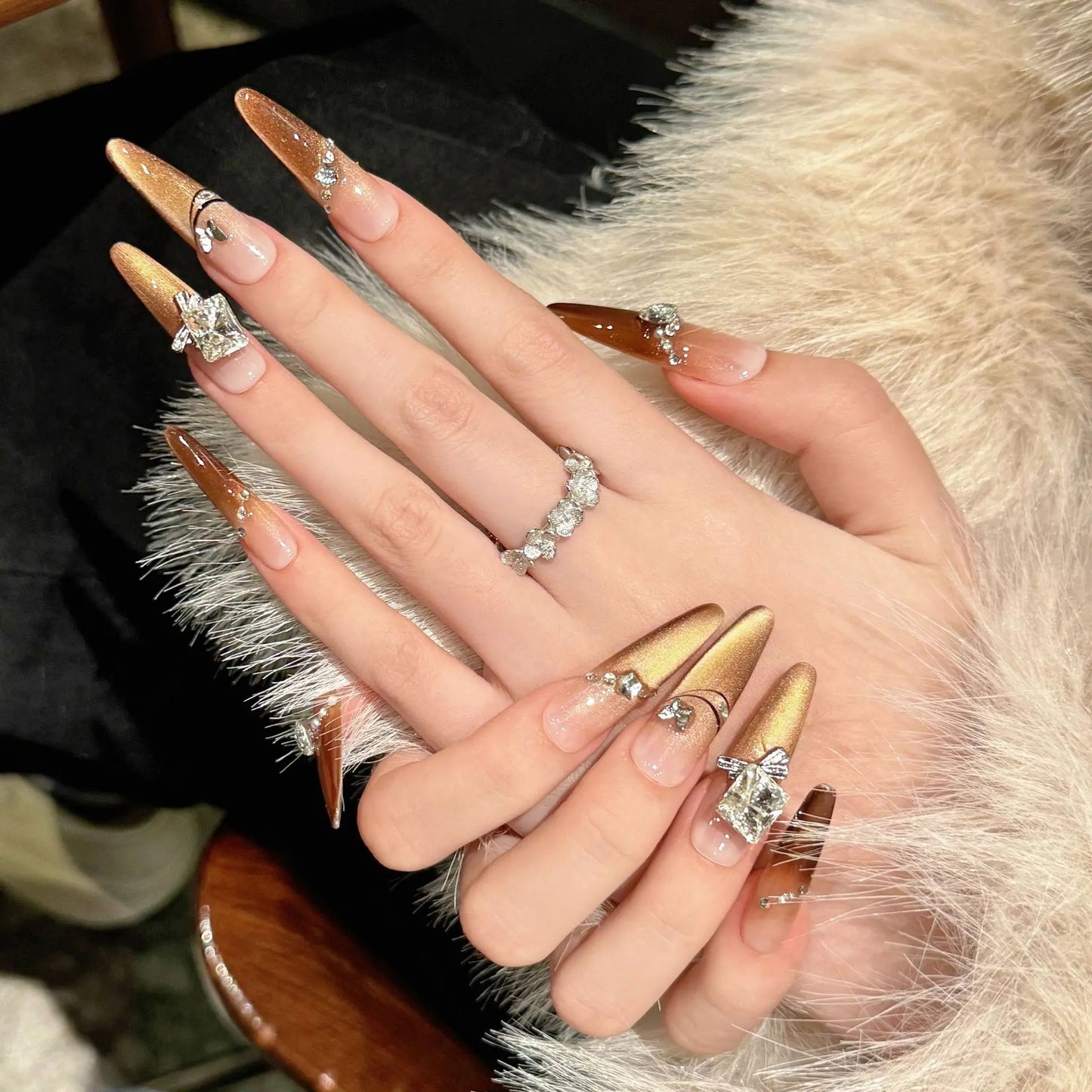 Crystal Cat Eye Press-On Nails | Long Oval French False Nails