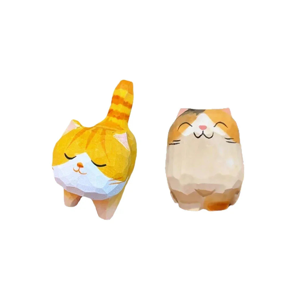 Handmade Wooden Carved Cat Figurine Multi Style Cute Kitten Sculpture Calico Orange Cat Desktop Decor Home Indoor Art Craft Peaceful Pleasures Health and Wellness 2PCS