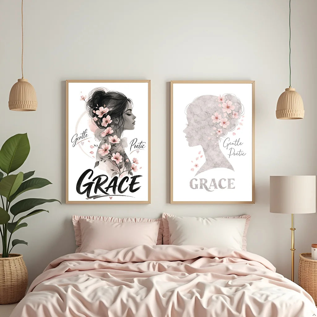 Nordic Woman Silhouette Floral Canvas Wall Art | Bedroom Poster Canvas Wall Art Peaceful Pleasures Health and Wellness