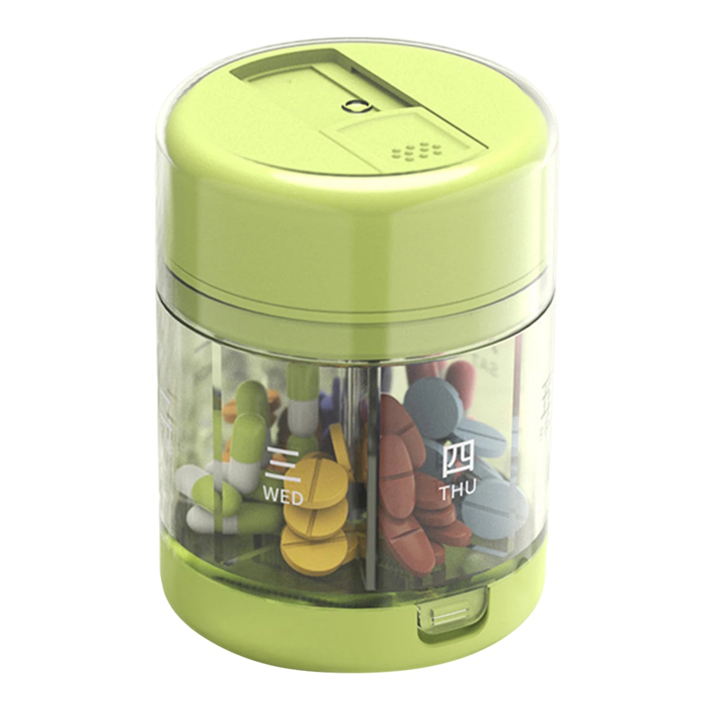 7-Day Portable Grid Pill Box Week Dates Transparent Bottle Suitable for adjusting Pills dosage Peaceful Pleasures Health and Wellness green