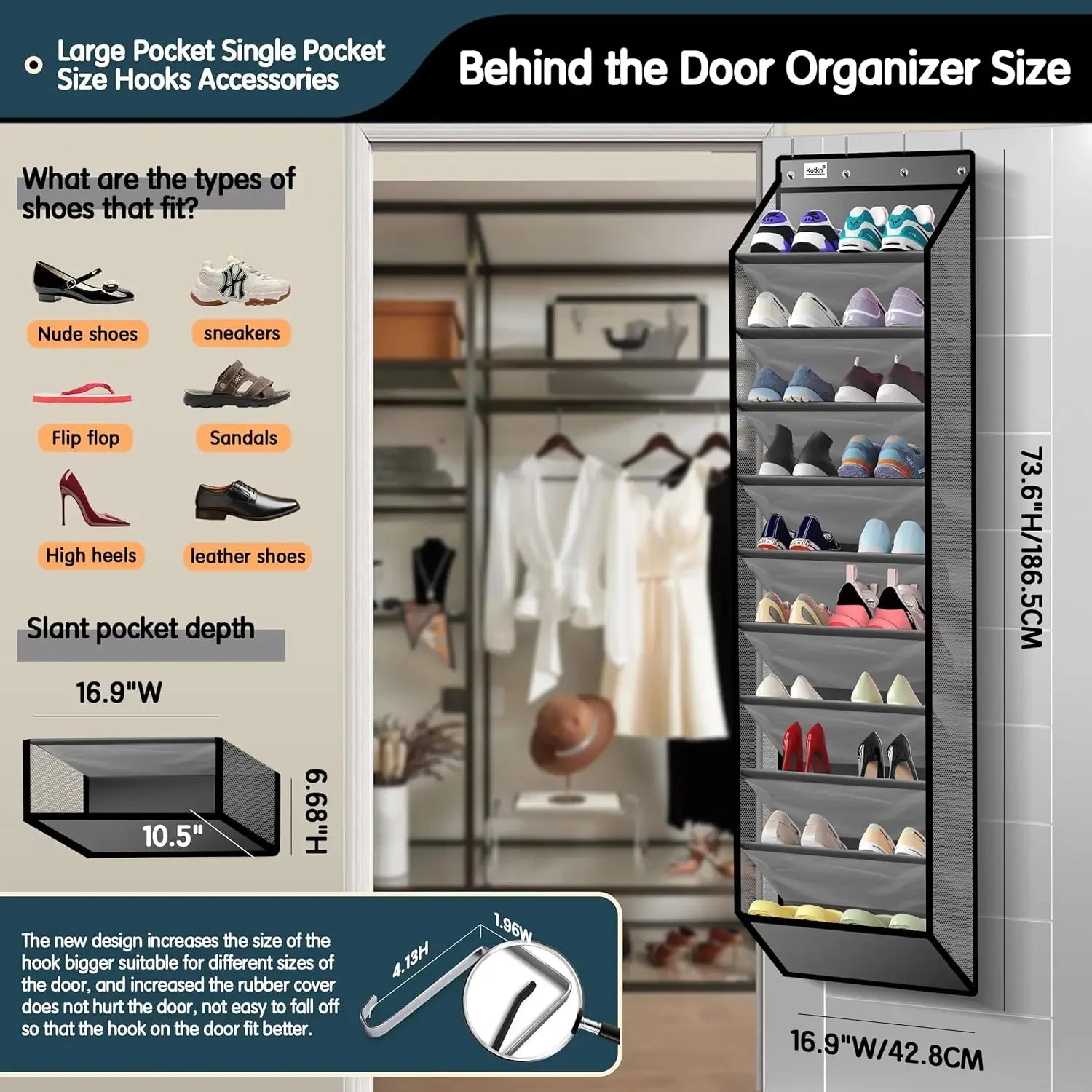 10-Tier Over-Door Shoe Organizer with Heavy-Duty Oxford Fabric, Holds 20+ Pairs, Saves Closet Space (Gray) Peaceful Pleasures Health and Wellness