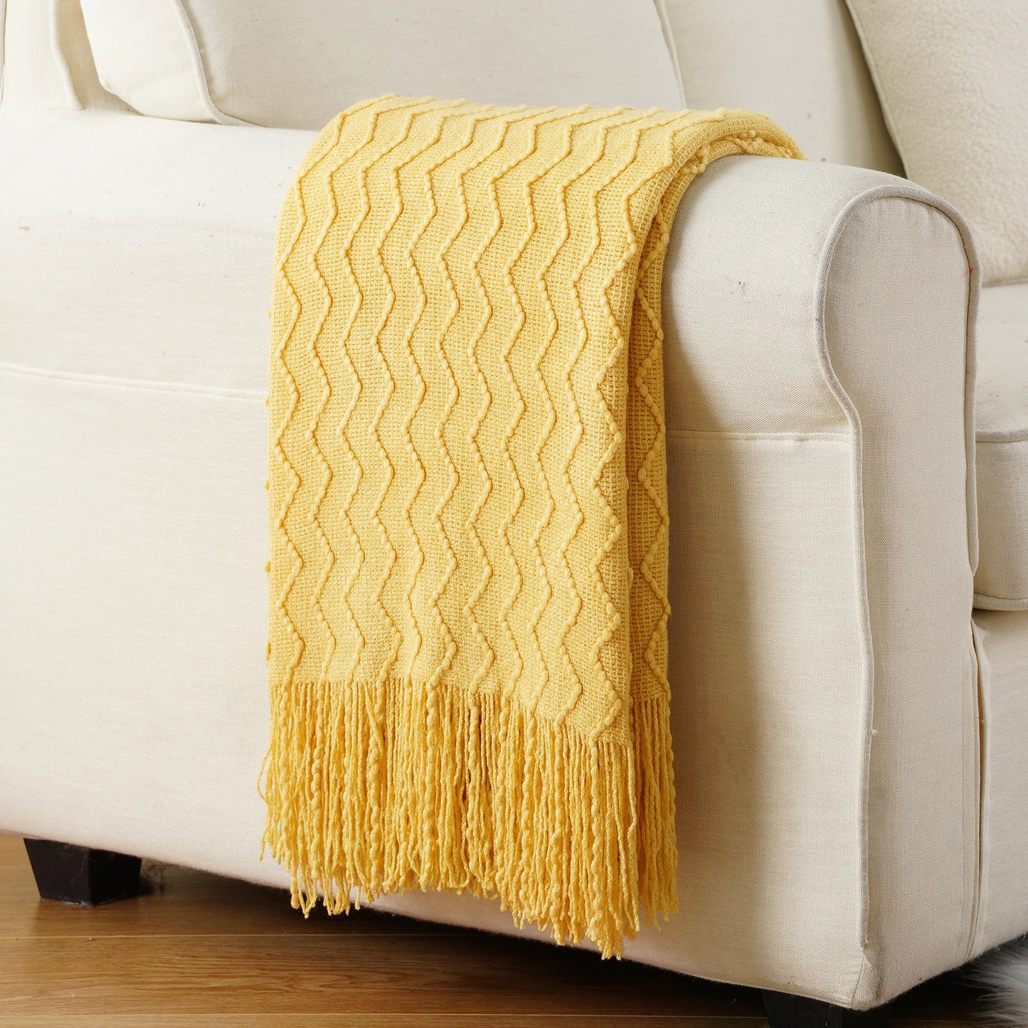 Battilo Green Knit Throw Blanket For Bed Lightweight Sofa Blanket With Tassels Decorative Knitted Plaid Blanket For Spring Decor Peaceful Pleasures Health and Wellness Yellow 127x152cm
