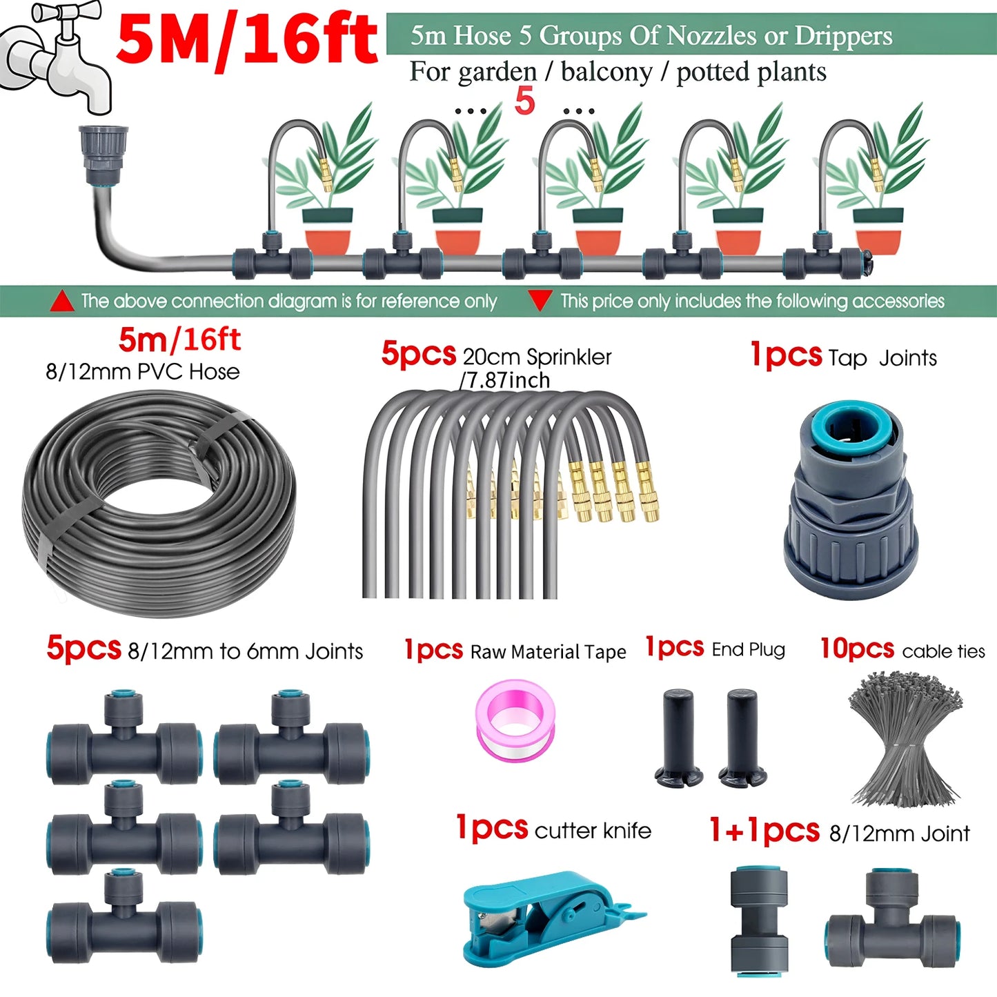 Flexible Brass Adjustable Spray Kit Gray 3/8"PE Hose Quick Connect Fogging Cooling Dedusting Watering System for Garden Peaceful Pleasures Health and Wellness 5m Kit