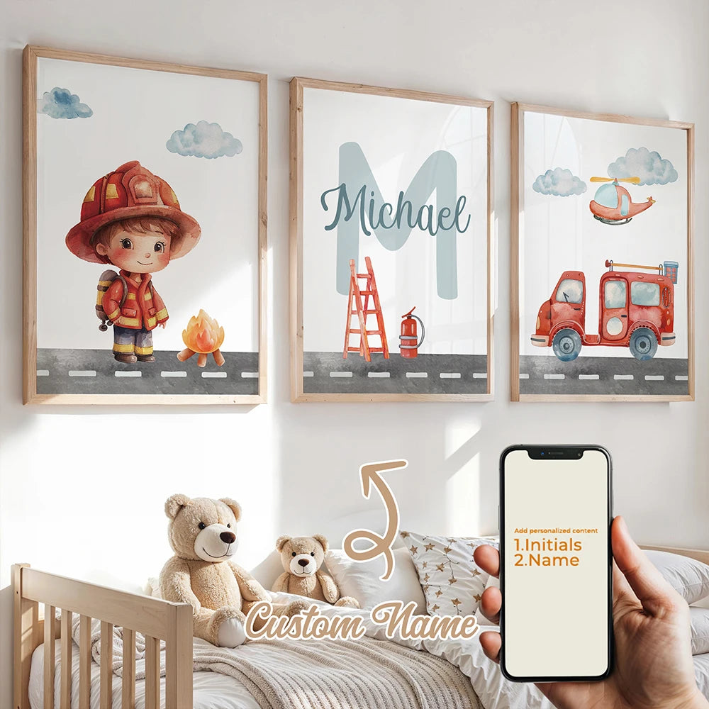 Personalized Fire Truck 3-Piece Canvas Wall Art | Kids Decor