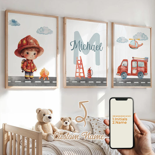 Personalized Fire Truck 3-Piece Canvas Wall Art | Kids Decor Canvas Wall Art Peaceful Pleasures Health and Wellness GA-N033-3pcs 21x30cm Unframed