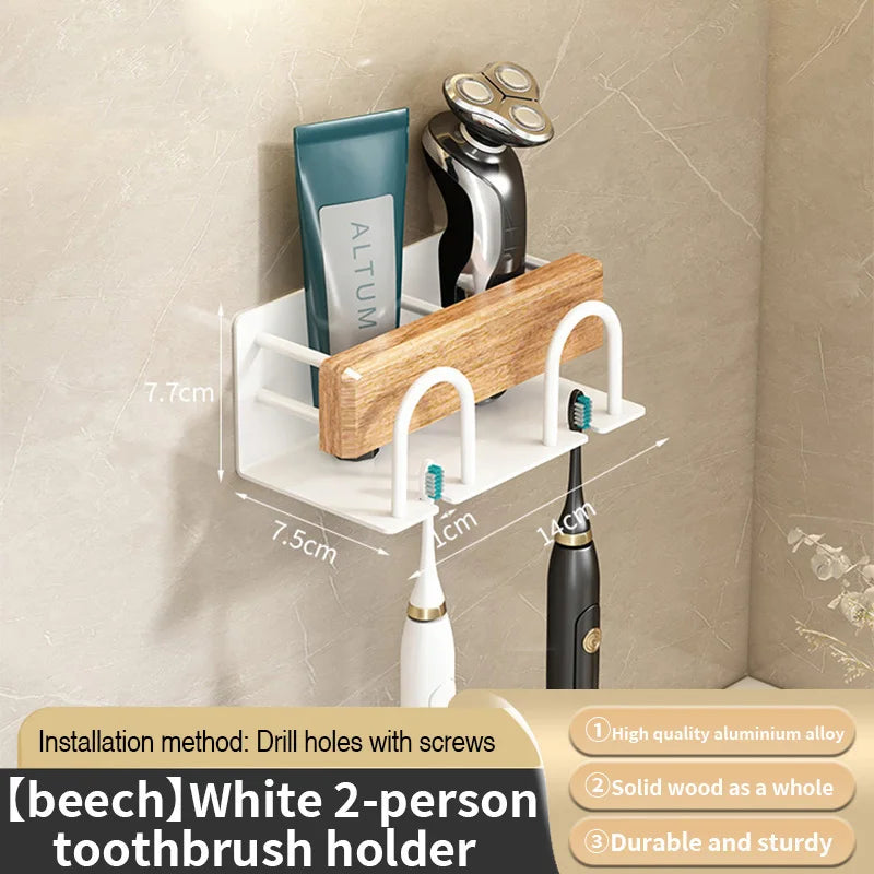 Wall-Mounted Wood Toothbrush Rack & Mug Holder with Squeezer