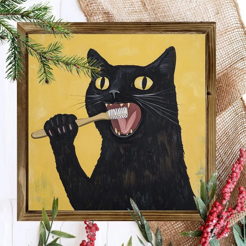 Charming Black Cat Brushing Teeth Rustic Farmhouse Wall Canvas Art for Home, Cafe, Bathroom Decor | Unique Holiday Gift Unframed Peaceful Pleasures Health and Wellness