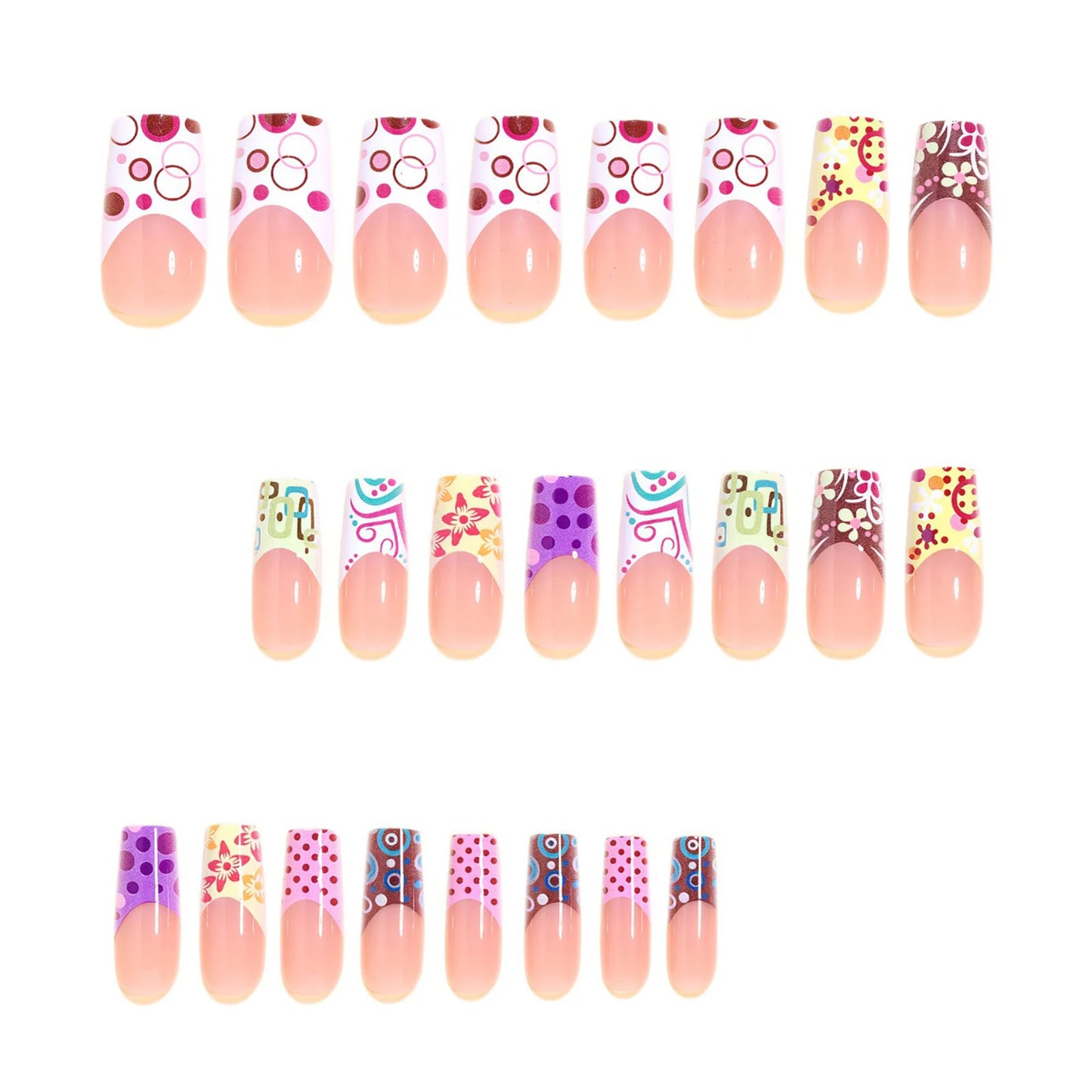 24pcs Press On Nails French Style False Nails With Red-purple Polka Dot And 3D Colorful Flowers Resin Artificial Fingernails Art Peaceful Pleasures Health and Wellness