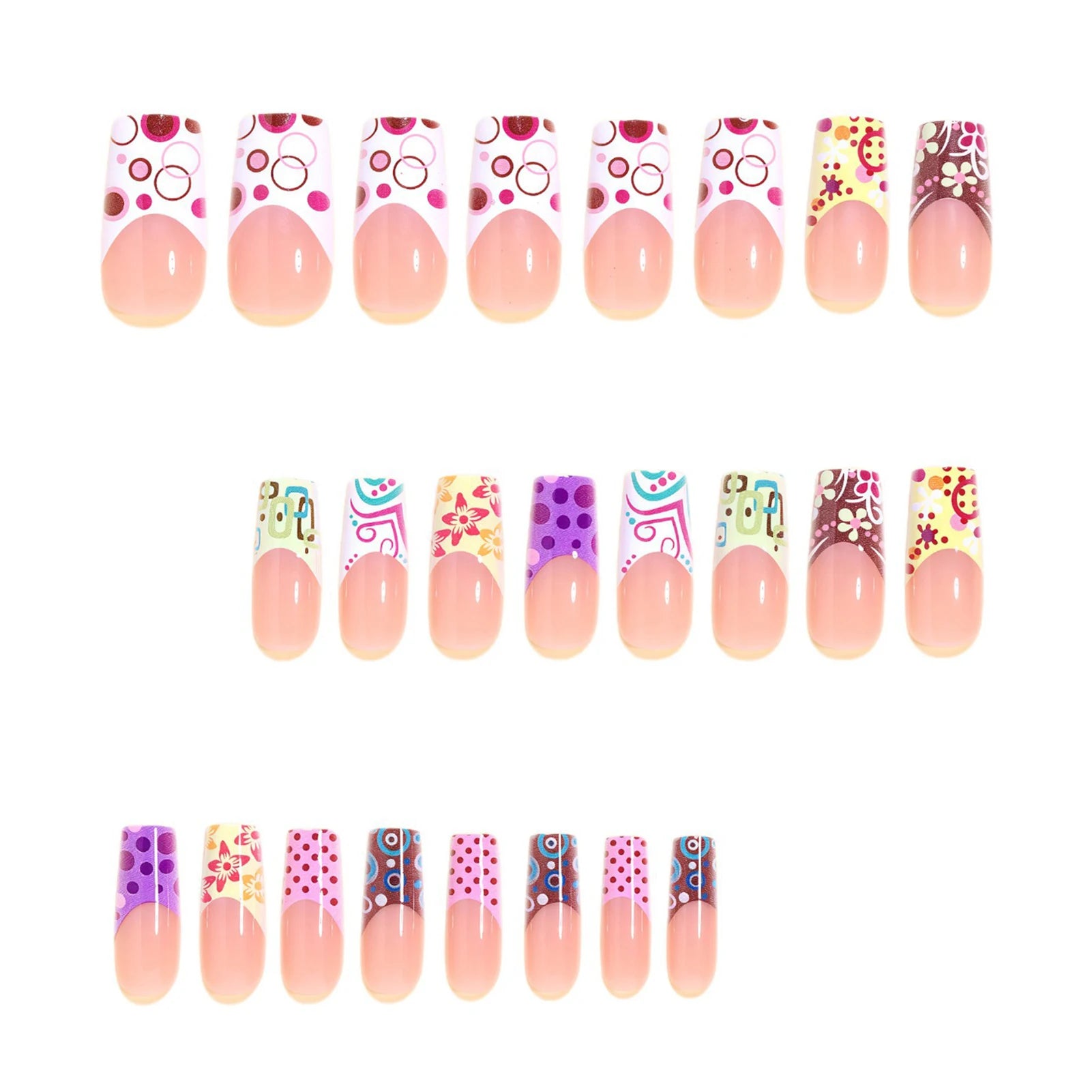 24pcs Press On Nails French Style False Nails With Red-purple Polka Dot And 3D Colorful Flowers Resin Artificial Fingernails Art Peaceful Pleasures Health and Wellness