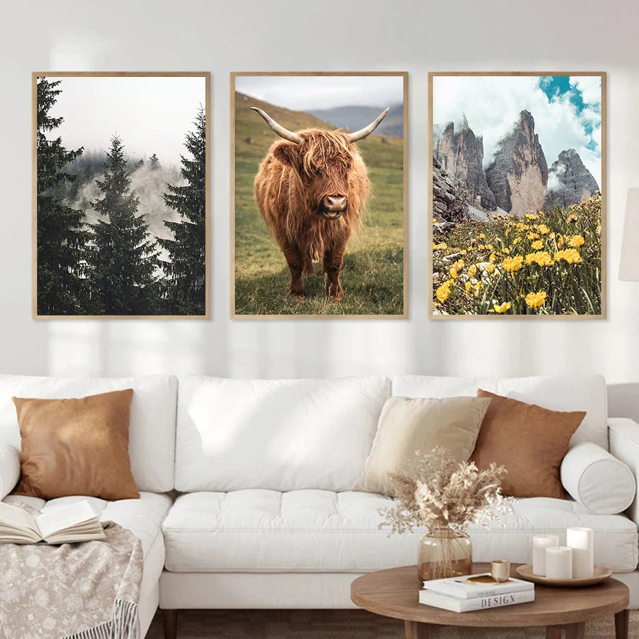 Nature Landscape Canvas Wall Art | Deer, Cow, Horse, Lake Print