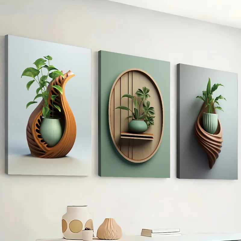 3-Piece Plant Vase Canvas Wall Art | Frameless Abstract Prints Canvas Wall Art Peaceful Pleasures Health and Wellness
