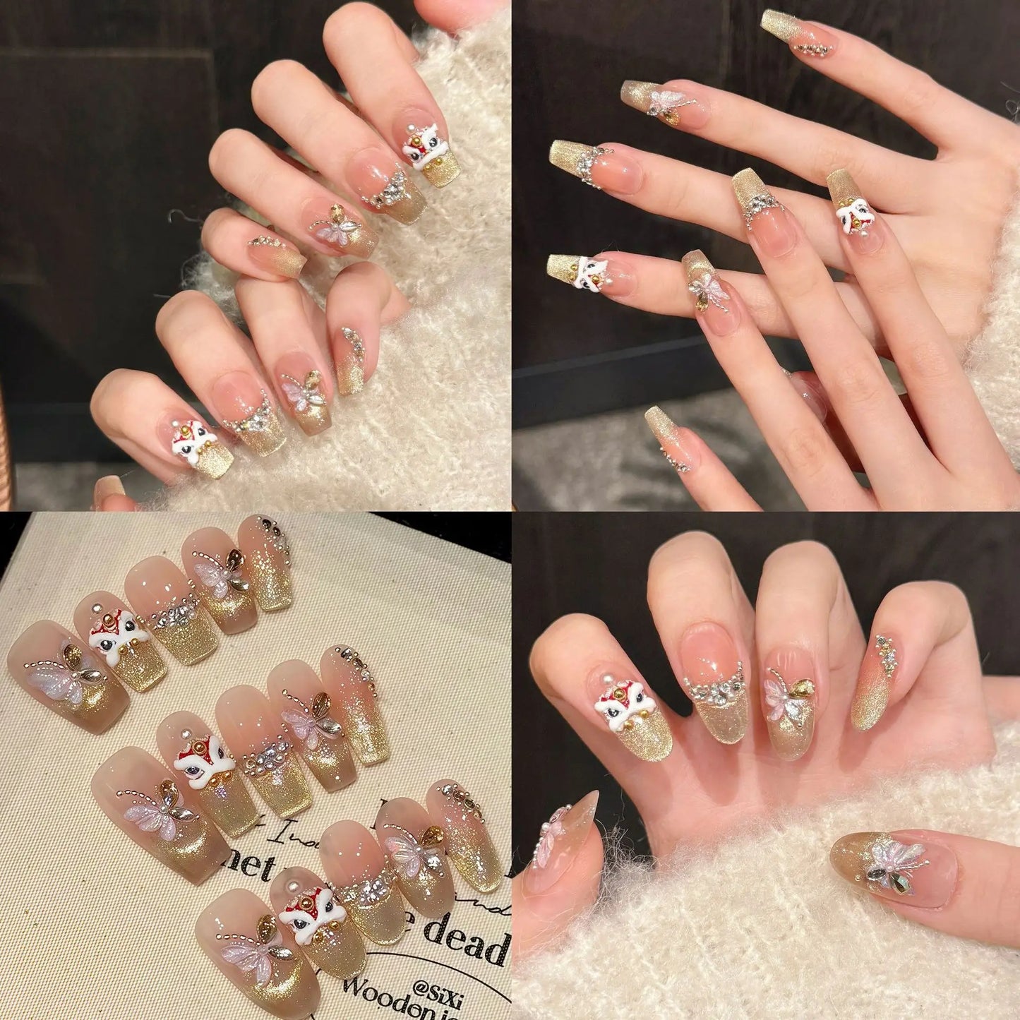 Handmade Press-On Nails | Gold Lucky Lion Cat Eye Design