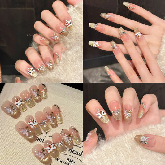 Handmade Press-On Nails | Gold Lucky Lion Cat Eye Design Press-On Nail Set Peaceful Pleasures Health and Wellness