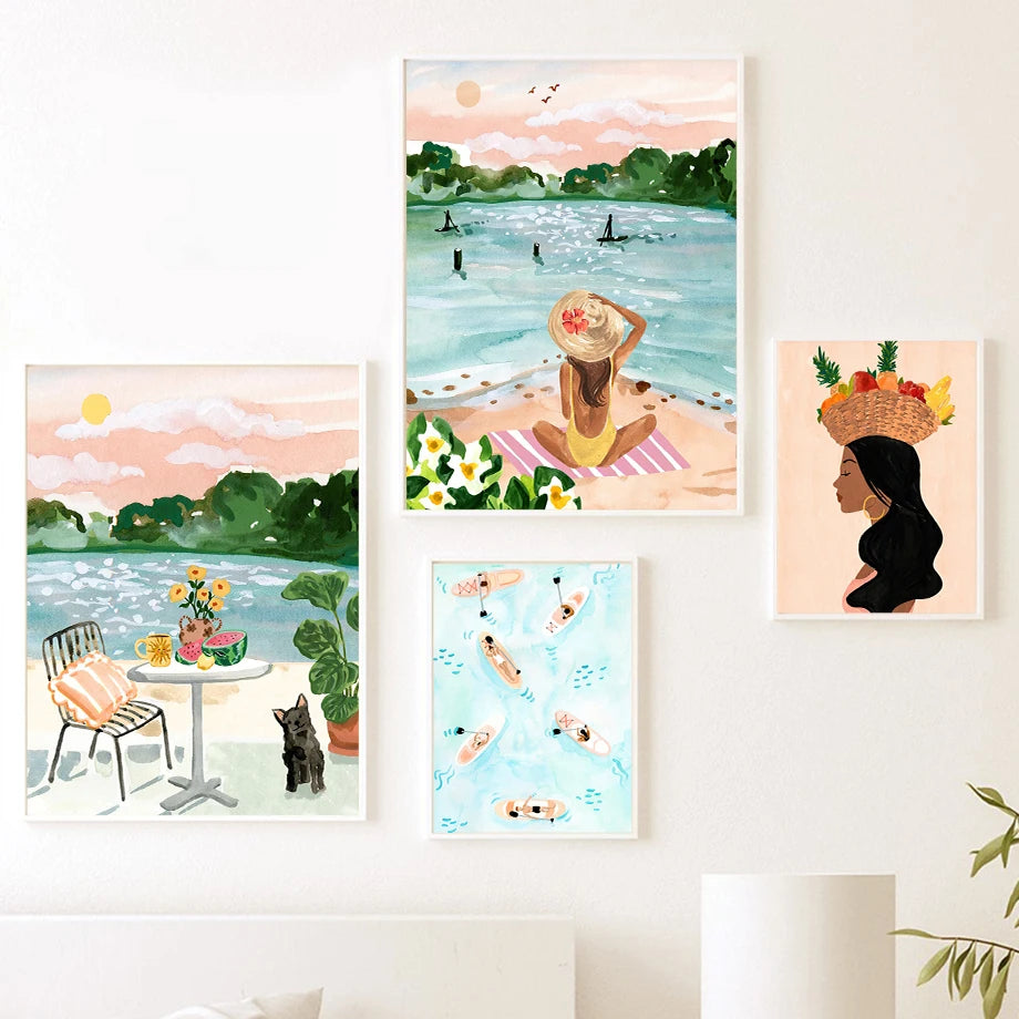 Summer Beach Leisure Holiday Fashion Wall Art Canvas Painting Nordic Poster Room Decor Tropical Watercolor Sunbathe Surfing Peaceful Pleasures Health and Wellness