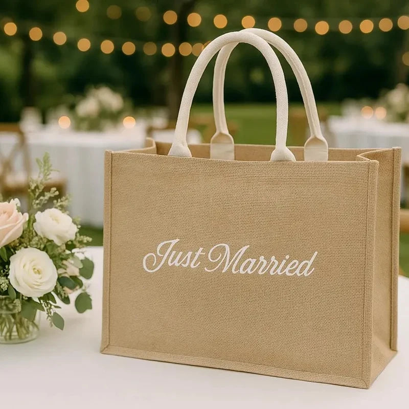 Just Married Large Burlap Tote Bag | Bridal Shower Wedding Gift