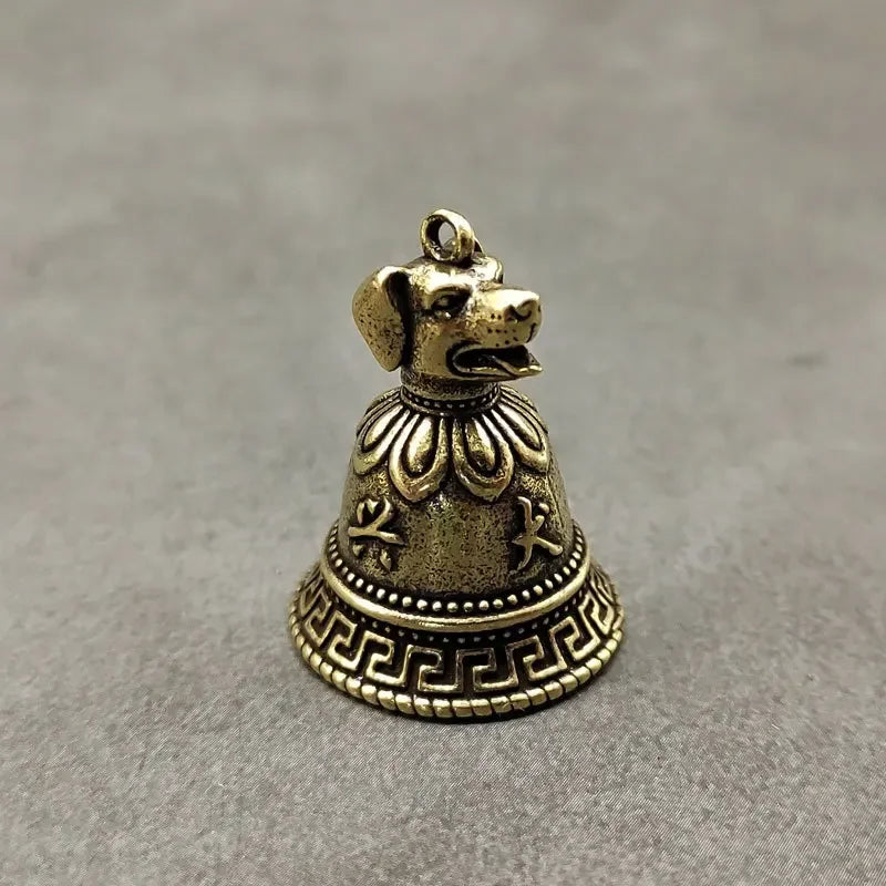 Brass Chinese 12 Zodiac Animals Heads Bell Keychain Pendants Jewelry Vintage Copper Feng Shui Car Key Chain Hanging Keyring Gift Peaceful Pleasures Health and Wellness dog