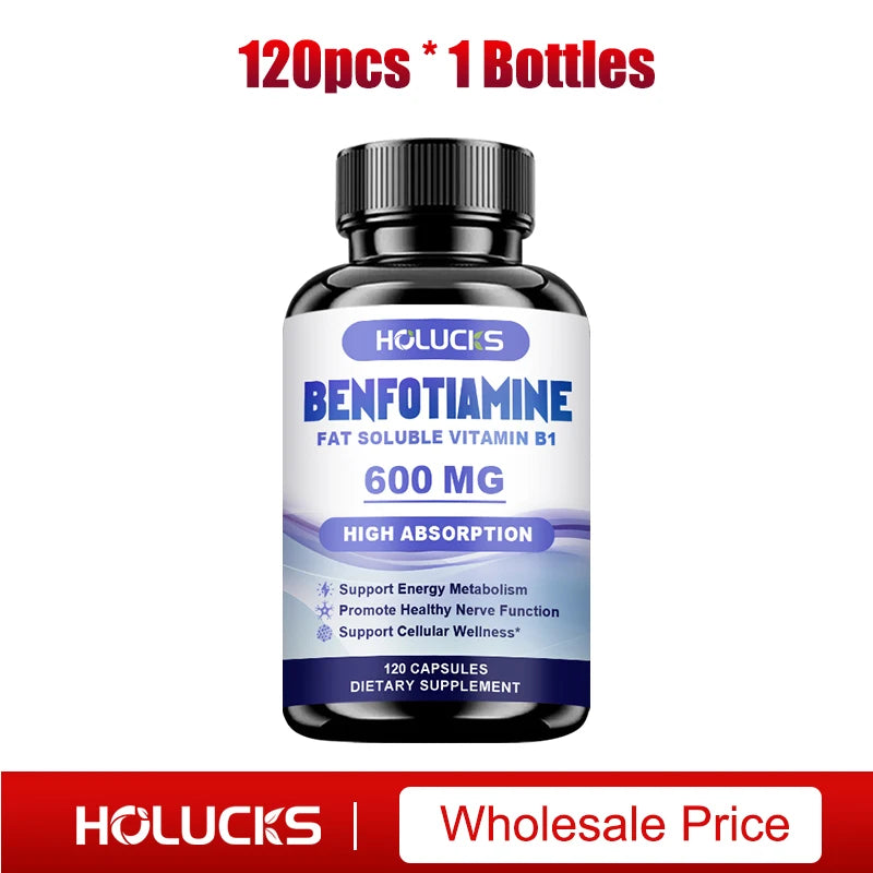 HOLUCKS Benfotiamine 600mg – Nerve & Energy Support Capsules Vitamin B1 Supplement Peaceful Pleasures Health and Wellness 1 Bottle-120pcs