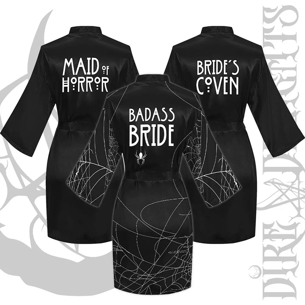 Gothic Bachelorette Satin Robe | Goth Bridal Kimono Gift Bridal Party Robe Peaceful Pleasures Health and Wellness