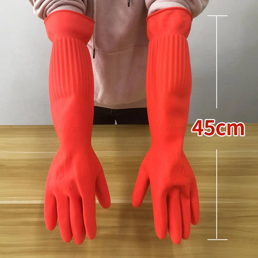 1pair Flexible Comfortable Rubber Clean Gloves Red Dish Washing Long Home Bathroom Cleaning Kitchen Accessories Peaceful Pleasures Health and Wellness